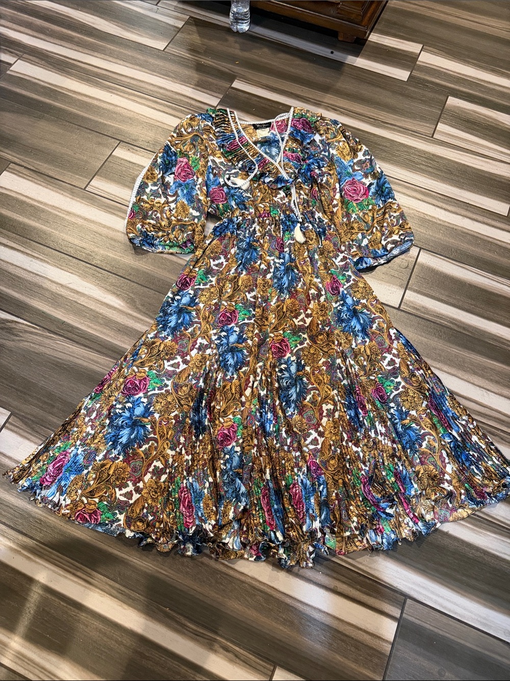 Women Floral Tiered Midi Dress in Blue, Pink & Gold